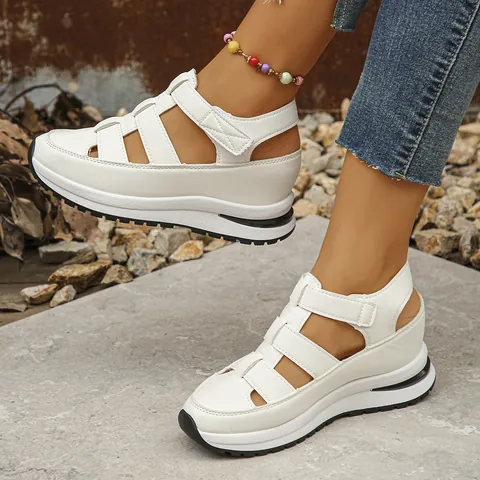Women's Wedge Sandals Hollow Out Closed Toe Breathable Roman Style Platform Thick Sole Fashion Large Size Summer Shoes