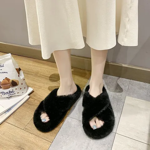 Women Faux Fur Cross Strap Slippers Warm Fuzzy Open Toe Slide Sandals Non-slip Home Indoor Outdoor Korean Fashion Shoes