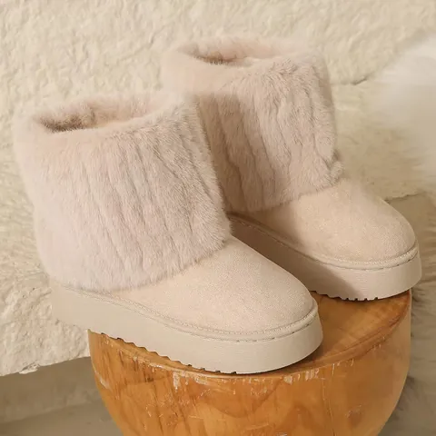 Women Winter Platform Snow Boots Warm Round Toe Faux Fur Cuff Short Boots Microfiber Leather Rubber Sole Casual Outdoor Shoes