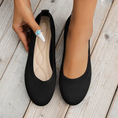 Women Casual Knitted Fabric Flat Shoes Round Toe Breathable Mesh Slip On Loafers For Daily Office Comfort Walking Shoes