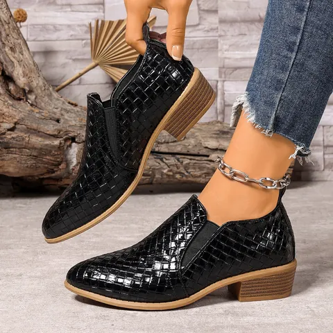 Women's Pointed Toe Thick Heel Ankle Boots Woven Texture PU Leather Slip-on Side Elastic Retro Casual Deep Mouth Single Shoes