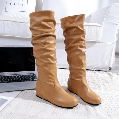 Slouchy Kniehoge Laarzen Voor Dames Slouchy PU Leer Ronde Neus Platte Hoge Rijlaarzen Effen Kleur Mode Schoenen