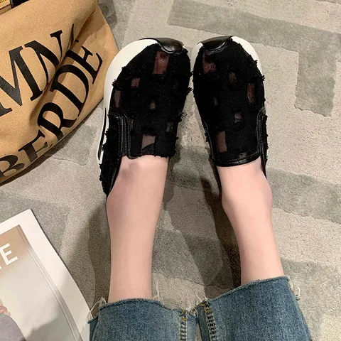 Women Fashion Canvas Patchwork Platform Loafers Casual Slip On Mesh Breathable Height Increasing Sneakers Flat Shoes