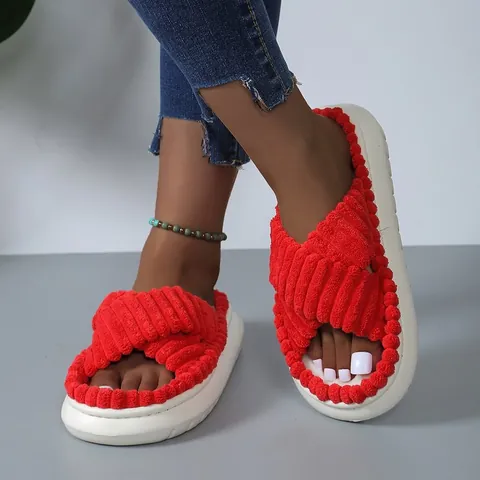 Women Winter Plush House Slippers Cross Band Open Toe Thick Sole Corduroy Warm Comfortable Indoor Slippers Large Size Shoes