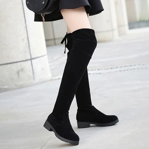 Bottes au-dessus du Genou pour Femmes en Suède Noir Bout Rond Talon Bas Bottes Longues Chaudes Avec Nœud Chaussures d'Hiver Décontractées