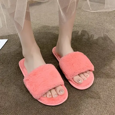 Women Faux Fur Cross Strap Open Toe Slippers Winter Soft Plush Indoor Flat House Shoes Warm Non-Slip Bedroom Slippers