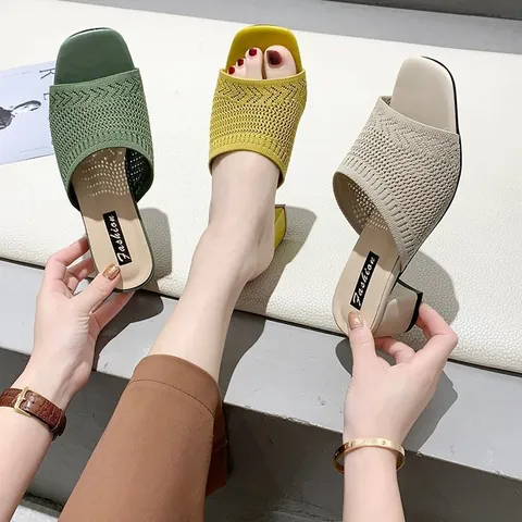 Ciabatte da Donna con Tacco a Blocco Punta Quadrata in Maglia Fly-Knit Sandali in Rete Traspiranti Mules Casual Estive alla Moda