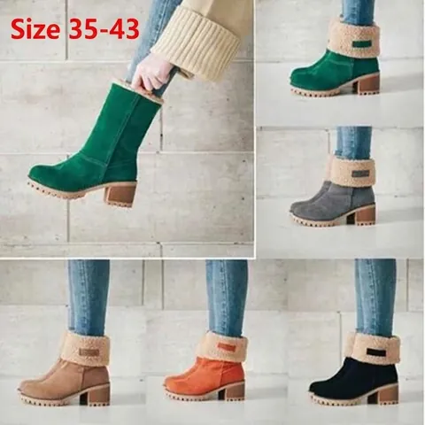 Dames Suède Laarzen met Blokhak Lage Schacht Pluche Gevoerd Warme Winterschoenen Slip On Casual Westerse Stijl Schoeisel