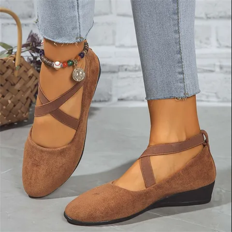 Women's Casual Wedge Loafers Pointed Toe Faux Suede Single Shoes With Cross Elastic Straps Plus Size Walking Shoes 36-43