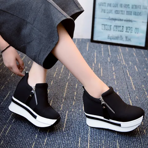 Koreanischer Stil Damen Segeltuch Plateauschuhe Versteckter Keilabsatz Mode Sneakers Seitenreißverschluss Dicke Sohle Freizeitschuhe Für Mädchen