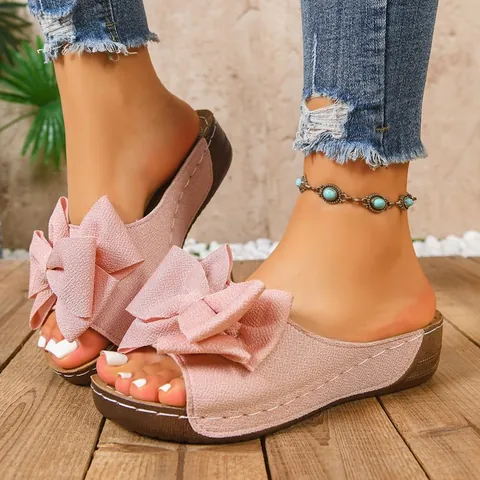 Damen Keilabsatz Sandalen Schleife Plateau Slides Peeptoe Casual Sommer Strand Hausschuhe Weiche Sohle Outdoor Mode Schuhe Damen