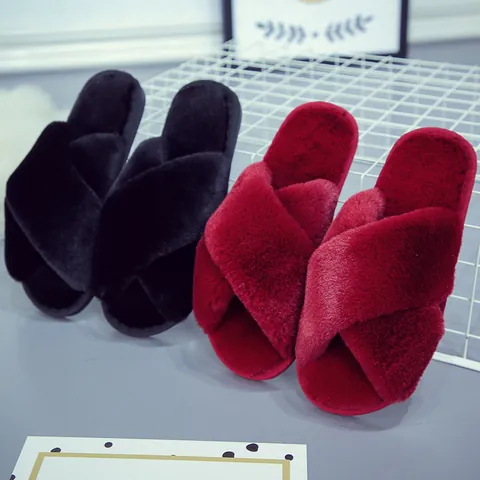 Women's Faux Fur Cross Strap Slippers Open Toe Winter Warm Indoor House Shoes Soft Plush Flat Slides Large Size Non-slip TPR Sole