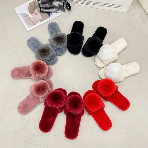Pantuflas de Piel Artificial con Pompones para Mujer Punta Abierta Peluche Hogar Plano Antideslizante Cómodo Casual