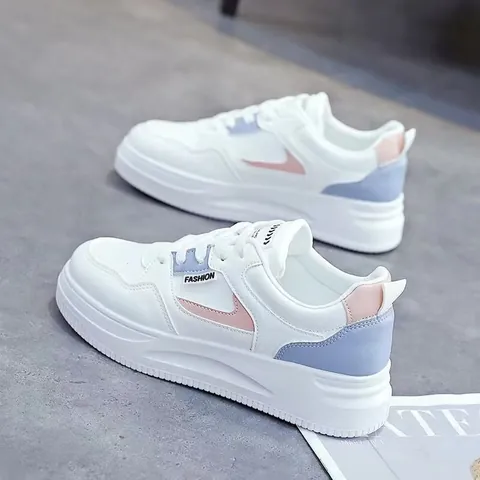 Women's Fashion Thick Sole White Sneakers Korean Style Breathable PU Leather Color Block Casual Platform Skateboard Shoes