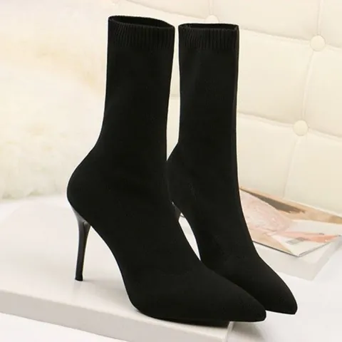 Women Pointed Toe Stiletto Sock Boots High Heel Elastic Knit Mid-Calf Slimming Boots Autumn Winter Fashion Black Silver