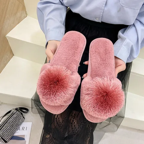 Pantuflas de Piel Artificial con Pompones para Mujer Punta Abierta Peluche Hogar Plano Antideslizante Cómodo Casual