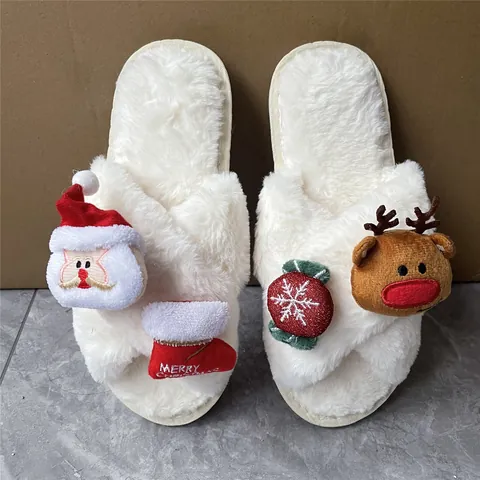 Pantuflas de Peluche para Mujer con Tema de Navidad Zapatos de Casa Cálidos y Esponjosos de Invierno Con Decoración de Papá Noel Reno Suela Antideslizante Regalo
