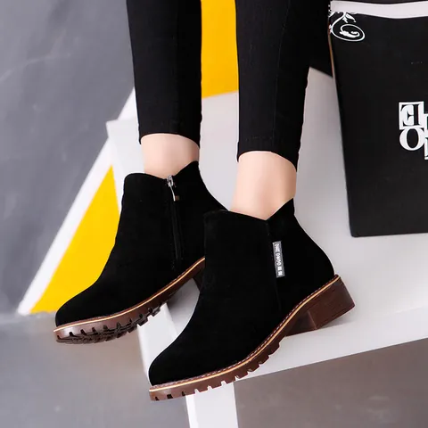 Women's Suede Martin Boots Round Toe Block Heel Side Zipper Ankle Boots Casual Solid Color Retro Non-Slip Short Boots