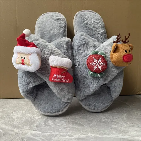 Pantuflas de Peluche para Mujer con Tema de Navidad Zapatos de Casa Cálidos y Esponjosos de Invierno Con Decoración de Papá Noel Reno Suela Antideslizante Regalo