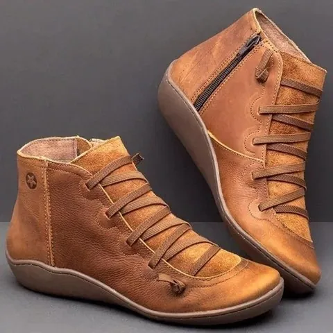 Women's Retro Casual Ankle Boots Side Zipper Platform Short Boots With Cross Straps Fashion Faux Leather Winter Shoes
