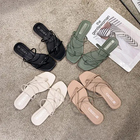 Infradito Basse Casual da Donna Punta Quadrata Cinturini Sottili Sandali da Spiaggia Estivi Ciabatte Minimaliste in Pelle PU