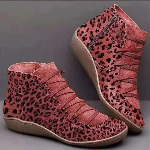 Women's Leopard Print Ankle Boots Flat Martin Boots Side Zipper Suede Synthetic Leather Splice Booties Daily Shoes