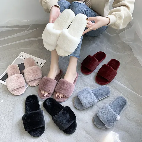 Faux Fur Slide Slippers For Women Indoor Fashion Warm Fluffy Open Toe Home Slippers Solid Color Anti-Slip Soft Sole Shoes