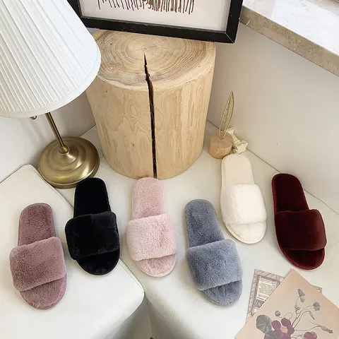 Faux Fur Slide Slippers For Women Indoor Fashion Warm Fluffy Open Toe Home Slippers Solid Color Anti-Slip Soft Sole Shoes