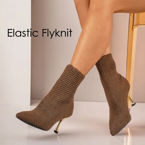 Pointed Toe Knit Stiletto Ankle Boots Women Gold High Heel Sock Boots Autumn Winter Fashion Professional Stretch Booties