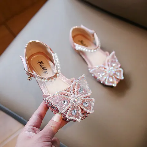 Girls Princess Sandals Bow Rhinestone Pearl Strap Summer Party Dance Shoes Synthetic Leather Korean Style Kids Sandals