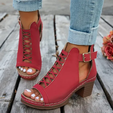 Women's Roman Style Block Heel Gladiator Sandals Peep Toe Ankle Strap Buckle Summer Outdoor Casual Strappy Sandals