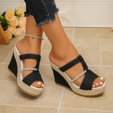 Damen Keilsandalen Plateau Hausschuhe Sommer Denim Stoff Fischmaul Hoher Absatz Strass Websohle Lässig Mode Strand Outdoor Sandalen