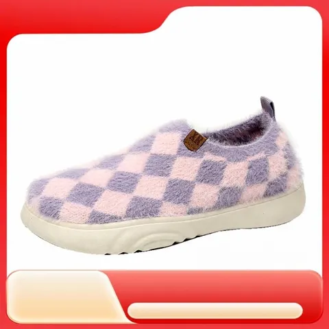 Scarpe Slip On in Peluche a Scacchiera da Donna Suola Morbida Mocassini Caldi Casual Autunno Inverno Scarpe Basse Comfort per Casa e Esterno