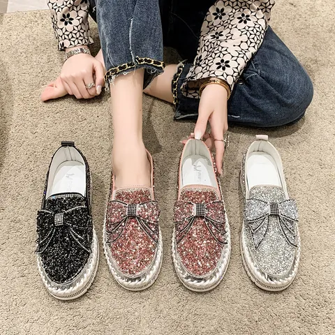 Women Shiny Rhinestone Bow Loafers Large Size Slip On Casual Flat Shoes Handmade Stitching Comfortable Breathable Sparkly Loafers