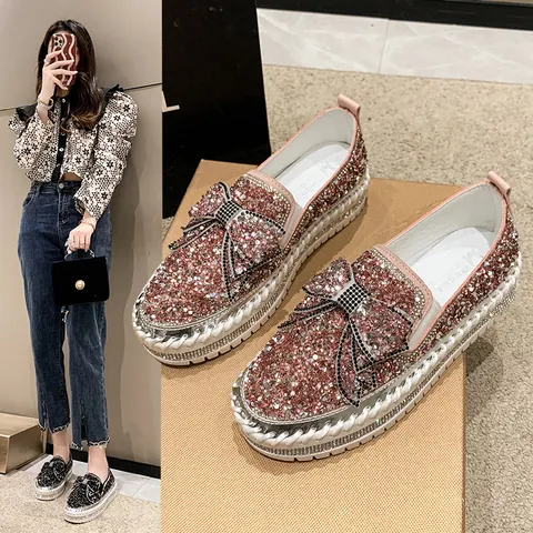 Women Shiny Rhinestone Bow Loafers Large Size Slip On Casual Flat Shoes Handmade Stitching Comfortable Breathable Sparkly Loafers