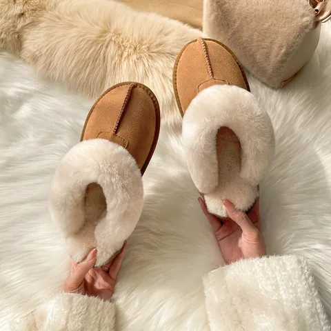 Women's Winter Warm Furry Slippers Suede Plush Lined Slip-On Mules Thickened Snow Boot Style Loafers Casual Outdoor Cotton Shoes