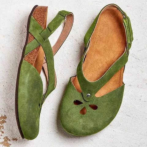 Women's Summer Roman Style Hollow Out Flower Flat Sandals Synthetic PU TPR Sole Slingback Casual Beach Shoes Large Size