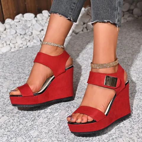 Women Peep Toe Wedge Sandals Ankle Strap Platform PU High Heels With Rhinestone Anklet Detail Large Size Summer Fashion Shoes