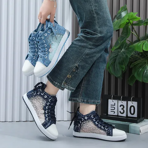 Women's High-top Lace Mesh Breathable Sneakers Polka Dot Canvas Board Shoes Casual Korean Style Student Fashion Flat Shoes With Flower Pendant