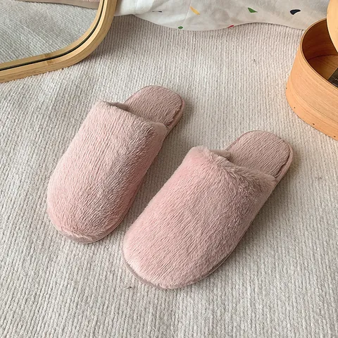 Women Closed Toe Plush Slippers Solid Color Simple Faux Fur House Shoes Autumn Winter Indoor Office Comfortable Warm Slip On Flat Slippers