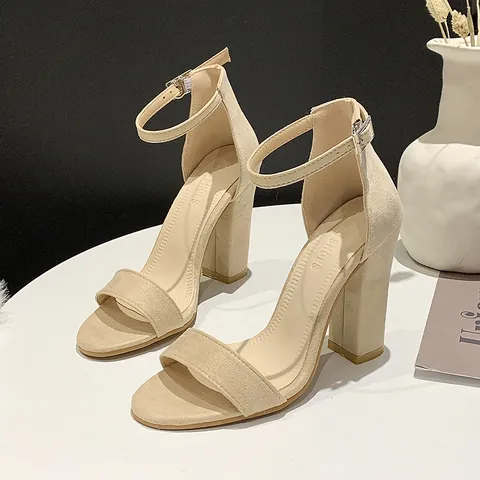 Women's Suede Block Heel Sandals Ankle Strap Open Toe Mid High Heel Dress Shoes Summer Casual Sandals Large Size 35-43