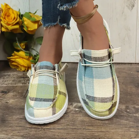 Women's Plaid Canvas Shoes Casual Flat Slip-on Loafers British Style Comfort Denim Sneakers Breathable Slip-on Boat Shoes
