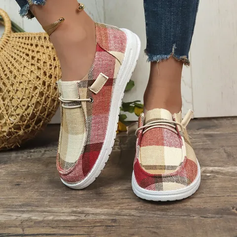 Women's Plaid Canvas Shoes Casual Flat Slip-on Loafers British Style Comfort Denim Sneakers Breathable Slip-on Boat Shoes