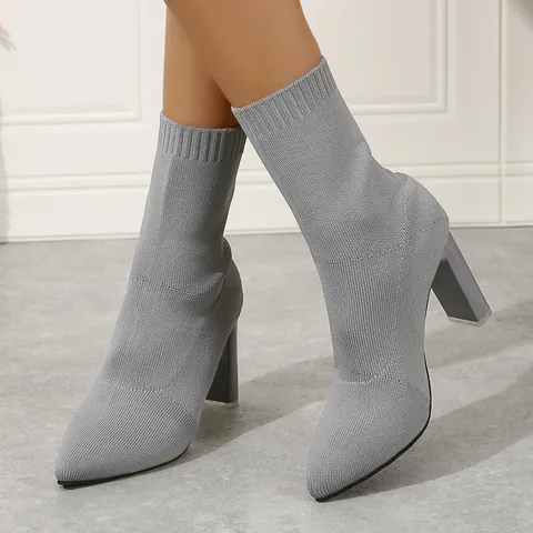 Women's Pointed Toe Flyknit Stretch Ankle Boots Chunky High Heel Sock Boots Breathable Slip On Fashion Dress Shoes
