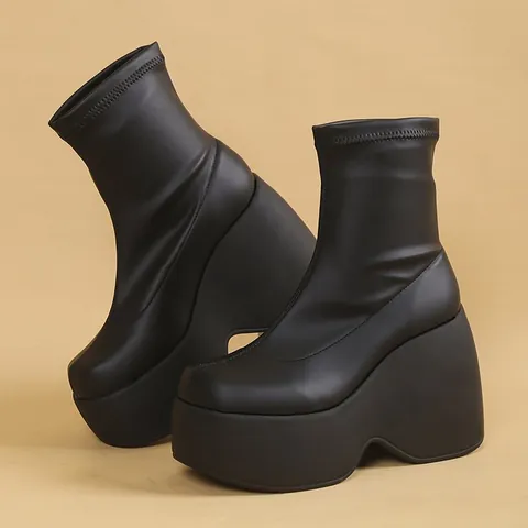 Women's Chunky Wedge High Platform Boots Square Toe Stretch Faux Leather Mid Calf Knee High Boots Gothic Punk Style Black Shoes