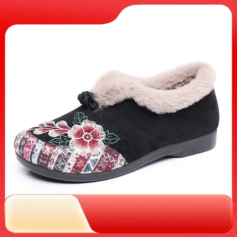 Women Embroidered Snow Boots Winter Warm Cotton Shoes Fleece Lined Ethnic Style Slip On Floral Flat Shoes For Mom