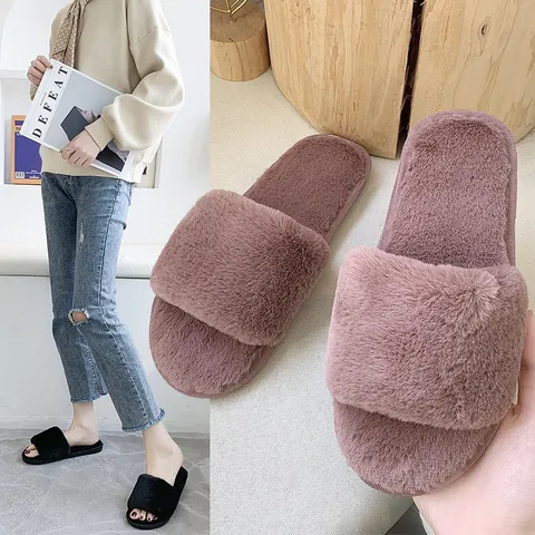 Women Indoor Faux Fur One-Band Slippers Open Toe Flat Soft Warm Plush Home Shoes Korean Fashion Solid Color Autumn Winter