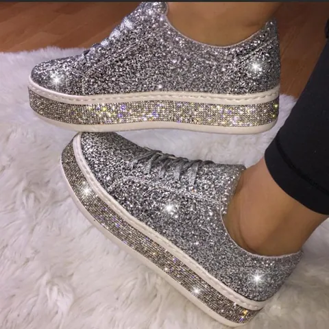 Women Casual Platform Sneakers Sparkling Rhinestone Sequin Lace-Up Board Shoes Height Increasing Fashion Footwear Silver Pink Black