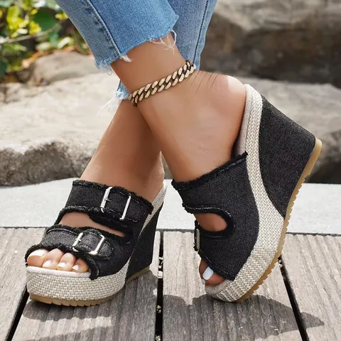 Damen Peep Toe Keilsandaletten Denim Schnalle Plattform Pantoletten Sommer Lässige Schuhe Mit Hohem Absatz Und Fransenkante