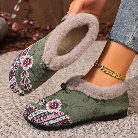 Women's Ethnic Embroidery Cotton Shoes Floral Warm Fleece Lined Flat Slip-on Moccasins Winter Anti-slip Loafers Snow Boots